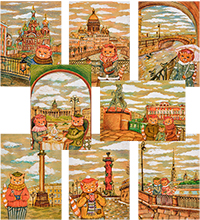 ANG-1659 Набор из 8 почтовых открыток «Котики Санкт-Петербурга» А.Зубехина