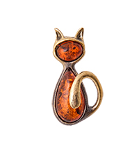 AM-3471 Брошь «Кошка Клякса» (латунь, янтарь)
