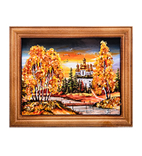 AMB-74/37 Картина «Церковь в лесу» (с янтарной крошкой) дер.краш.рамка 12х15