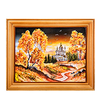 AMB-74/41 Картина «Церковь в лесу» (с янтарной крошкой) дер.краш.рамка 12х15