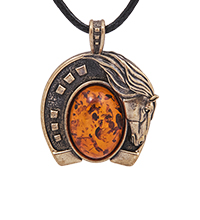 AM-4233 Подвеска «Лошадка Подковка» (латунь, янтарь)