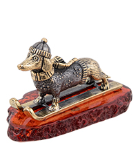 AM-4283 Фигурка «Такса Лыжница» (латунь, янтарь)