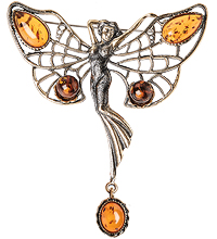 AM-1654 Брошь «Бабочка Танцующая фея» (латунь, янтарь)