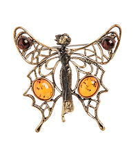 AM-1656 Брошь «Бабочка Леди-мотылёк» (латунь, янтарь)