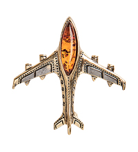AM-1898 Брошь «Самолет Трэвел» (латунь, янтарь)