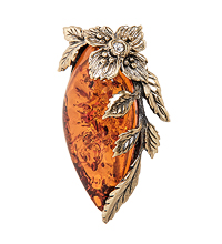 AM-2352 Брошь «Листик Адонис» (латунь, янтарь)