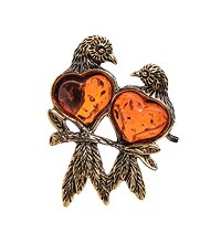 AM-2639 Брошь «Синички любовь» (латунь, янтарь)