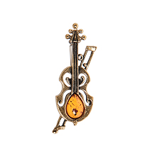 AM-2642 Брошь «Скрипка Амати» (латунь, янтарь)